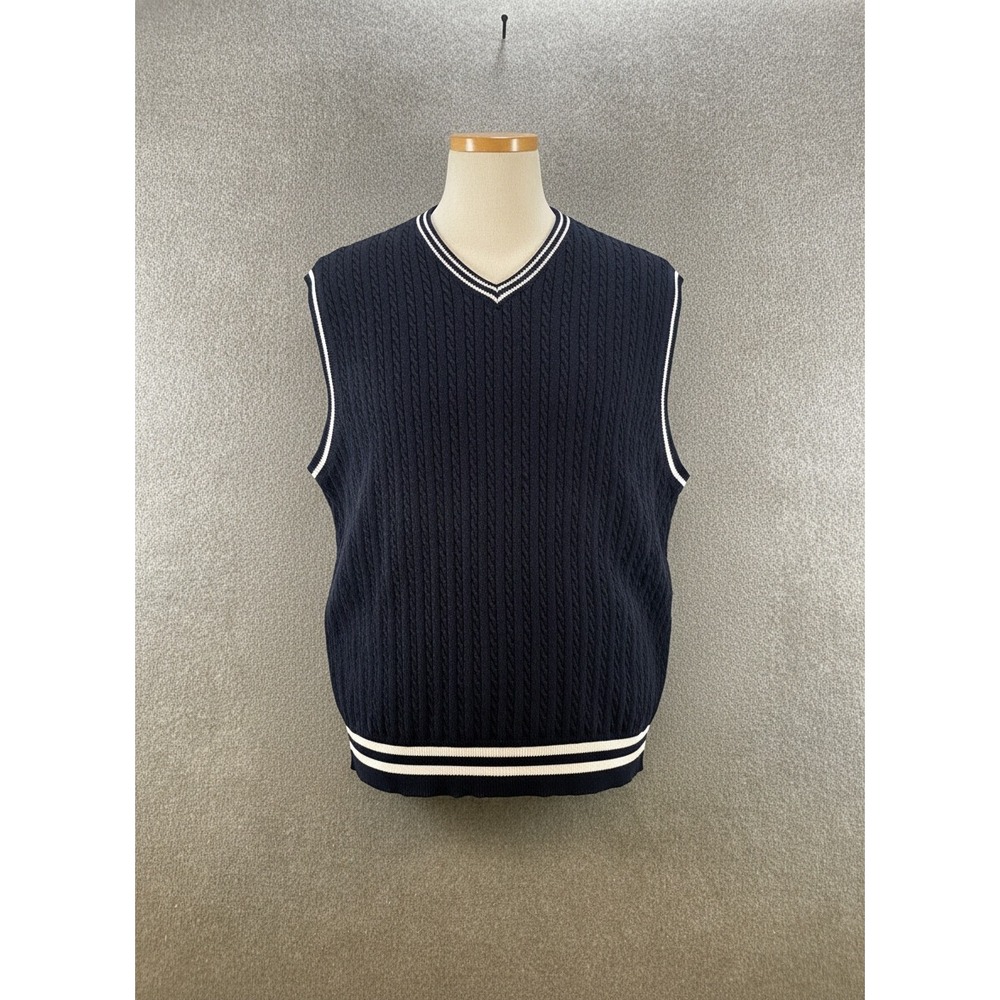 Haggar Golf Navy Blue Cable Knit Sweater Vest V-Neck Striped Trim XL Cotton